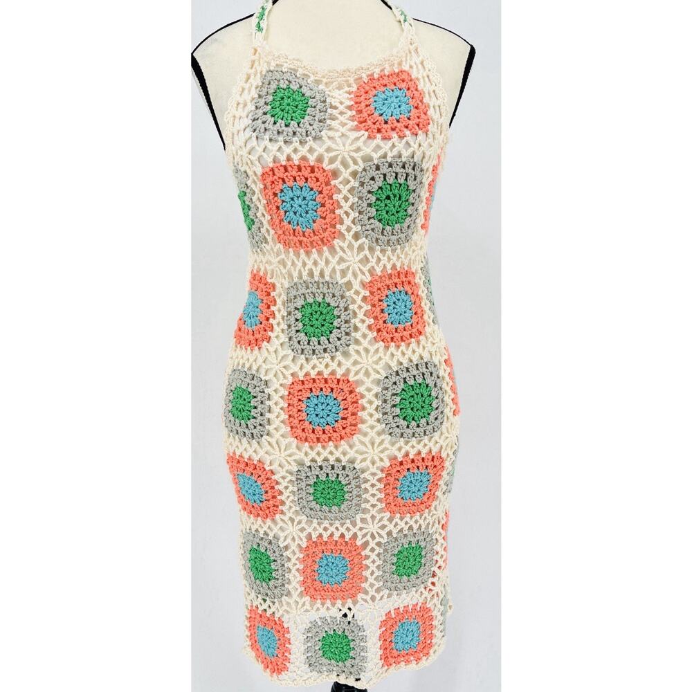 Pink Lily Crochet Mini Dress Womens M Multicolor Granny Square Boho - Picture 2 of 10
